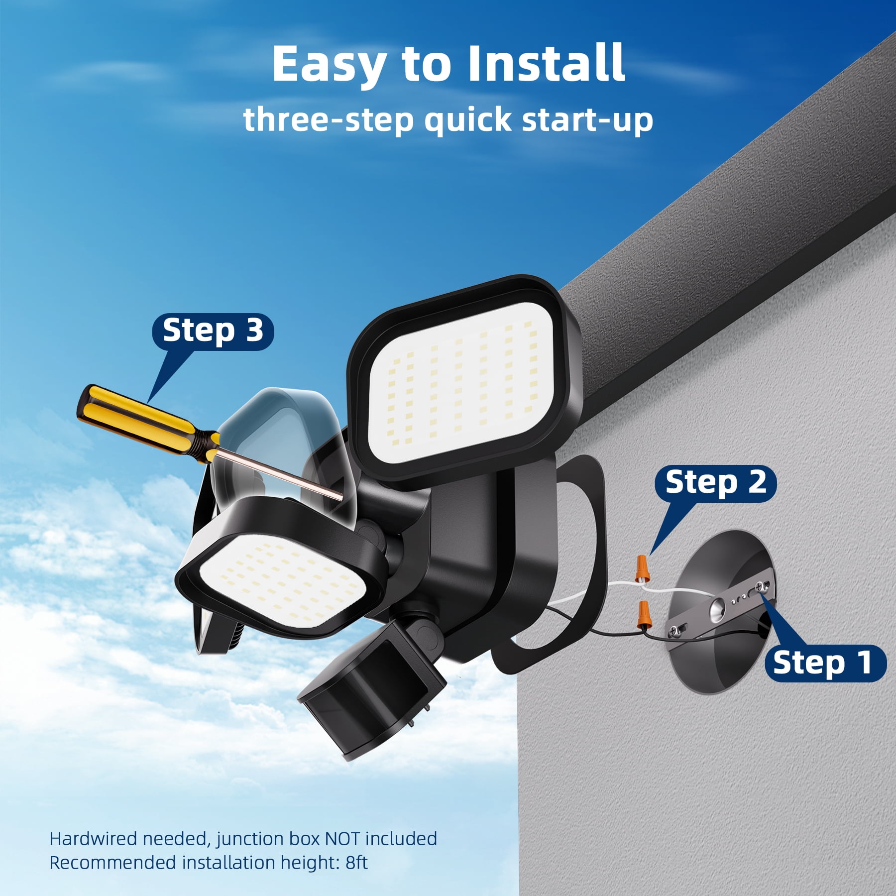 Dawnrise 270° 3 Heads Black Motion Sensing Integrated LED Flood Light, 6500 Lumens (2pack)