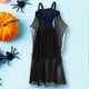 thumbnail image 3 of Vestido de Halloween para mujer, con hombros descubiertos y tirantes, de gasa de color contrastante, con empalme de malla, estilo punk retro, vestido medieval para mujer, 3 of 4