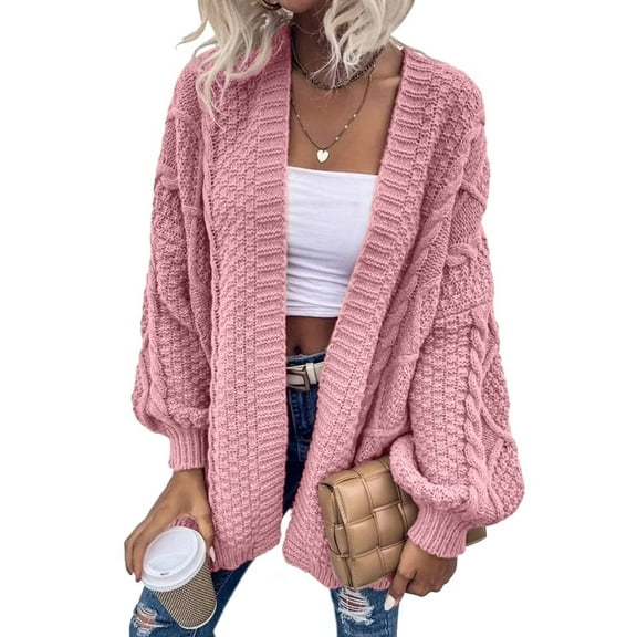 Women's Oversized Cardigan Sweater Front-Open Knitted Lantern Long Sleeve Thick Jacket