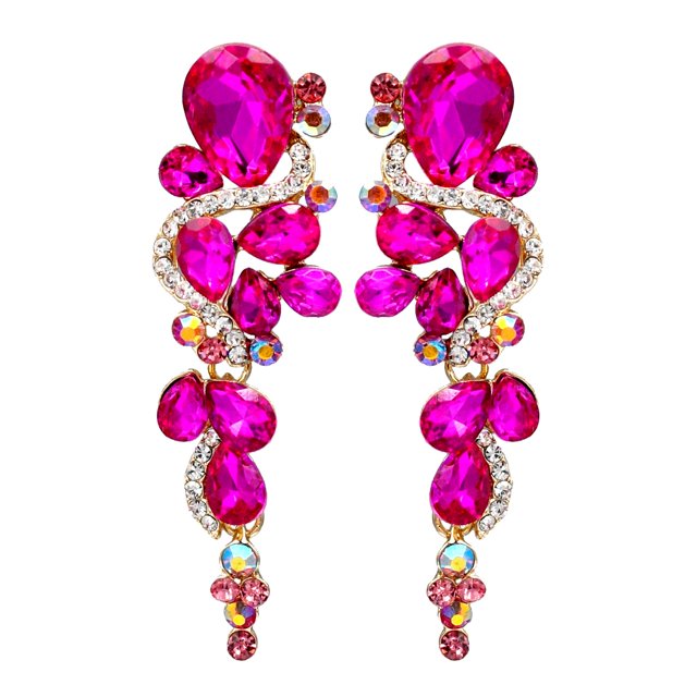 Iris Island Womens Fuchsia Pink Crystal Rhinestone drop Dangle Earrings Gold Plated For Pageant Proms Wedding Party