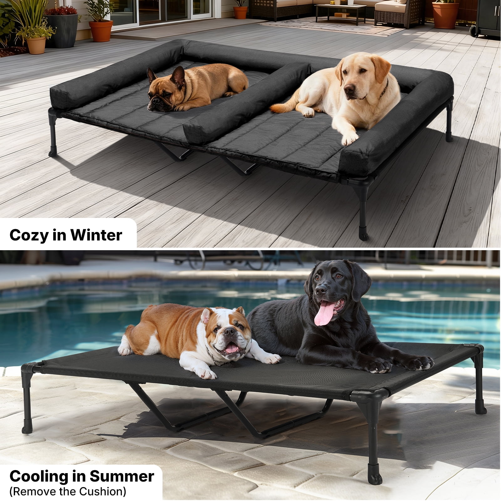 Veehoo Cooling Raised Dog Bed + Removable Double Dog Bed Cushion, 59" x 37.5", Black