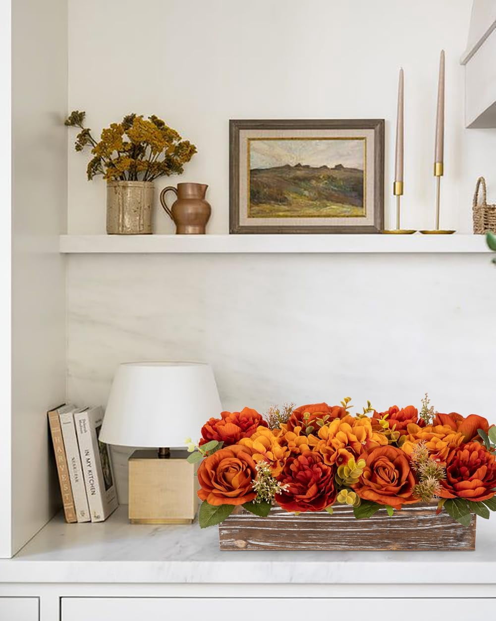 Flower Arrangement with Wooden Vase 14" Artificial Flowers in Pot - Fake Flowers Roses Peonies Hydrangeas in Wooden Vase Potted Flower Centerpieces for Table Decor Living Room - Dried Orange