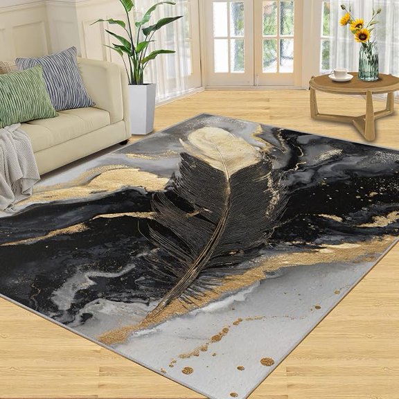Black Feather Rugs, Gold Marble Area Rug, Elegant Boho Rugs for Living Room, Bedroom Rug & Home Decor, Indoor Carpet, Washable Low-Pile & Non Slip 4 x 6ft