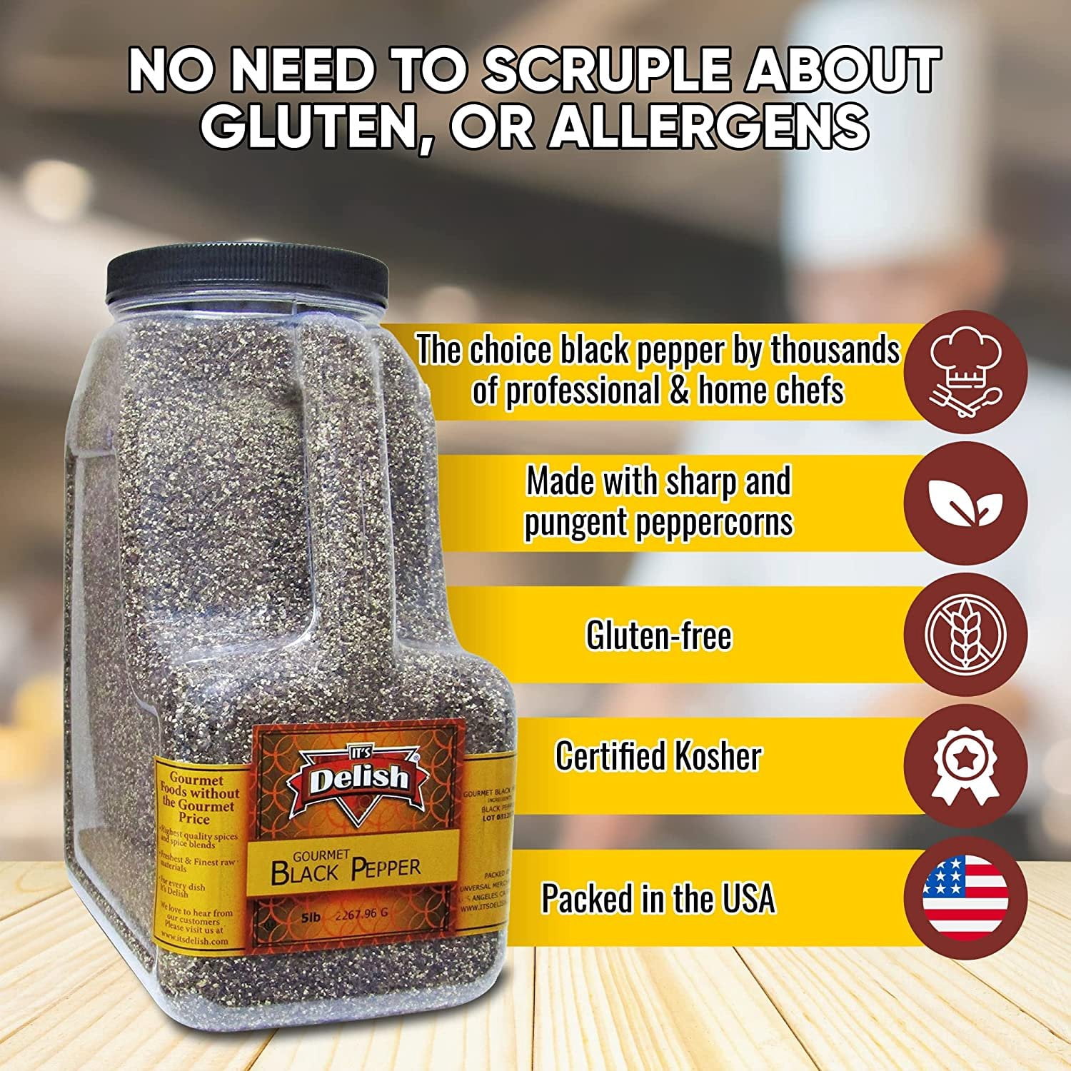 Gourmet Ground Black Pepper by Its Delish, 5 LB Restaurant Gallon Size Container Jug with Handle  Premium Gourmet Ground Pepper Bulk Spices  All Natural and Kosher