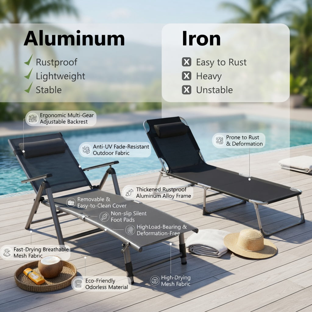 Hommoo Outdoor Aluminum Chaise Lounge Chair, 8-Position Adjustable Recliner with Quick-Dry Mesh Fabric, Foldable & Rust-Resistant for Patio, Poolside or Backyard, Gray