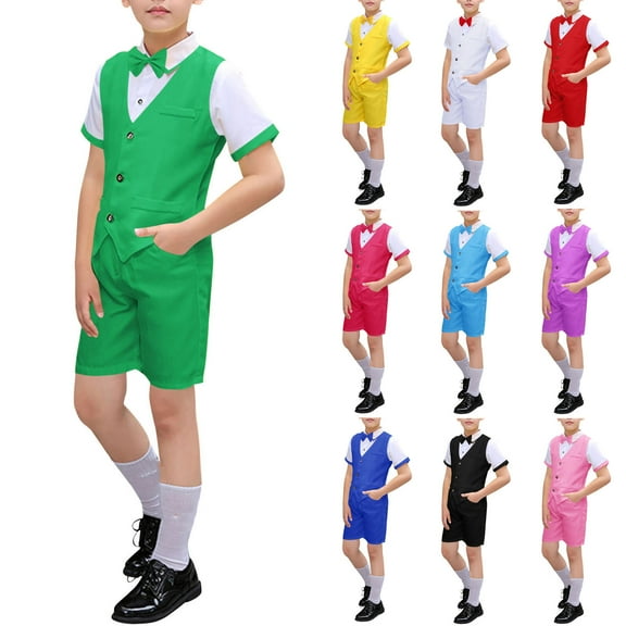 HAOTAGS Boys Formal Suit, Host Recitation Short Sleeve Bowtie Ceremony Summer Performance Outfit Green 7-8 Years