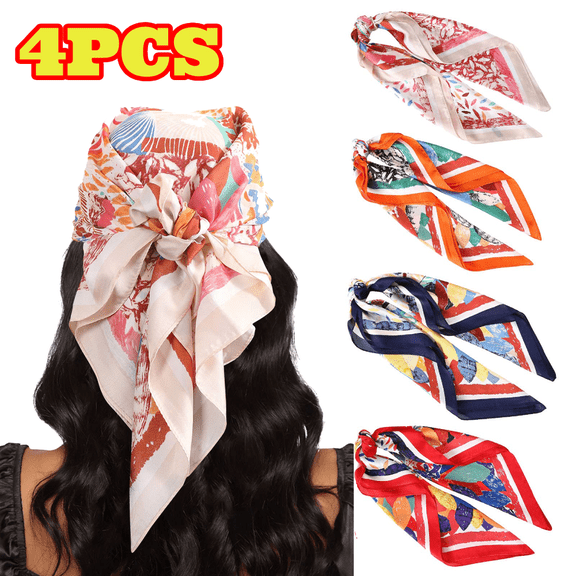 4pcs Silk Satin Square Head Scarf, 27.5” Satin Head Scarf for Women, Hair Kerchief Bandanas Sleeping Head Wraps
