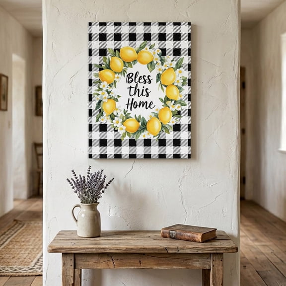 Ships Next Day Canvas Wall Art 8"x12",Farmhouse Lemon Wood Framed Canvas Print Painting,Bless Home Summer Black Buffalo Plaid Ready to Hang Small Picture Wall Decor for Home Hallway Bathroom Bedroom