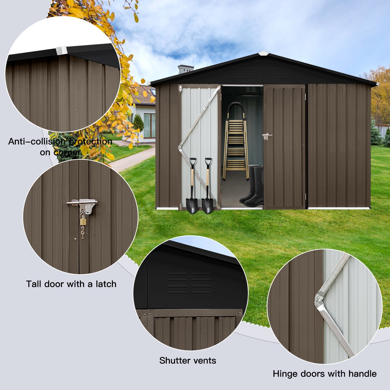 10x12FT Outdoor Metal Storage Shed Tool Bike Generator Weatherproof with Shutter Vents Floor for Garden Patio Backyard, Brown Black