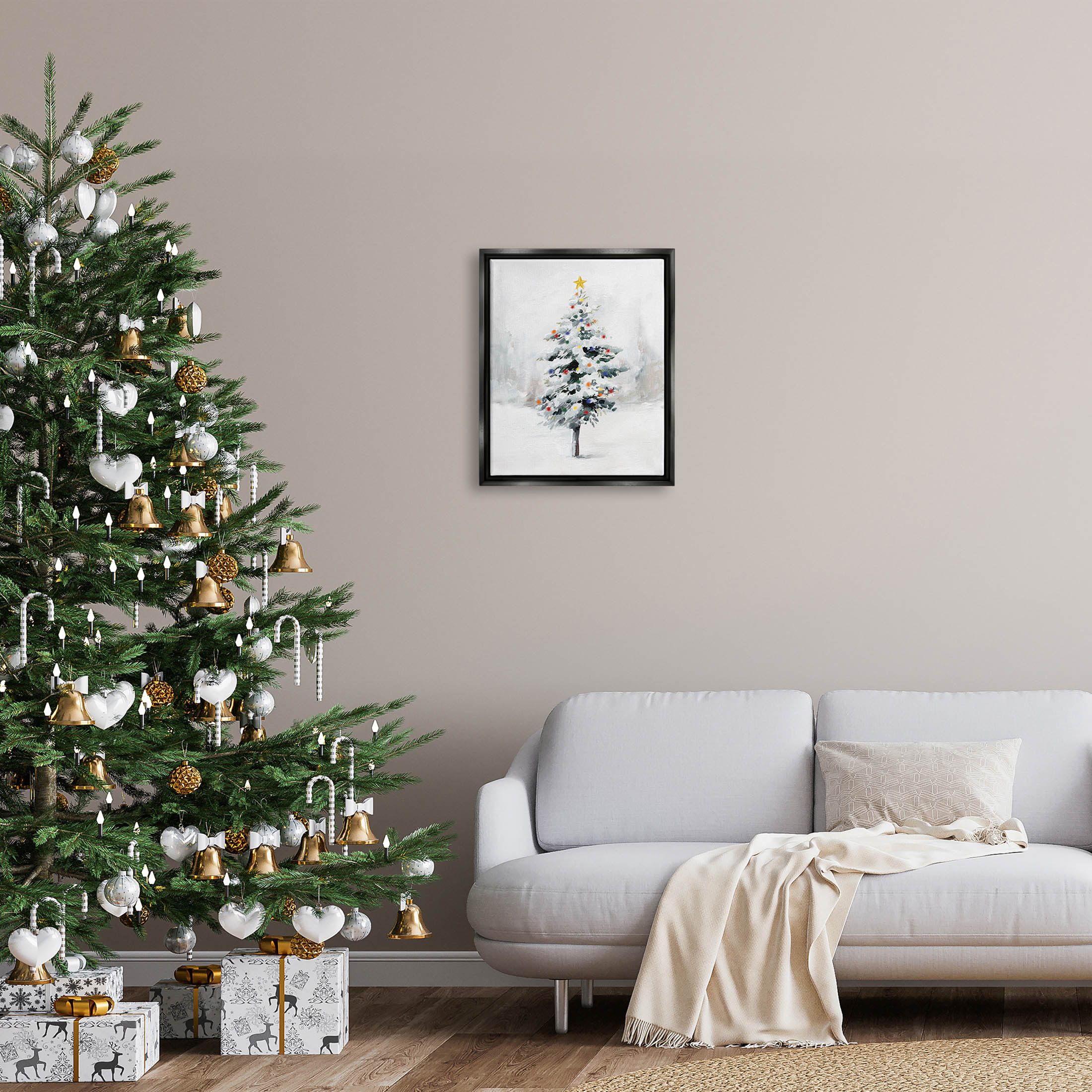 Snowy Christmas Tree Landscape Holiday Graphic Art Jet Black Framed Art Print Wall Art