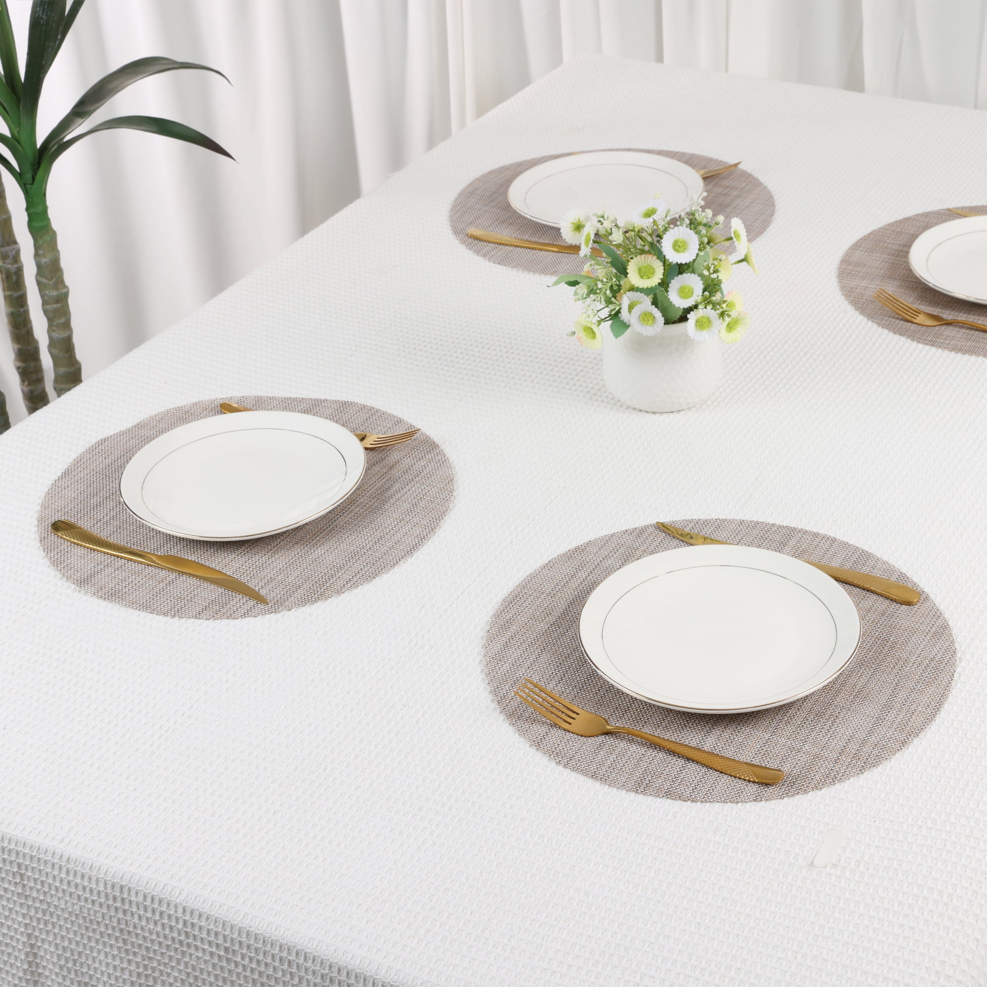 Unique Bargains 6 Packs Round Placemats for Kitchen Dining Table Decor Flaxen 14x14in