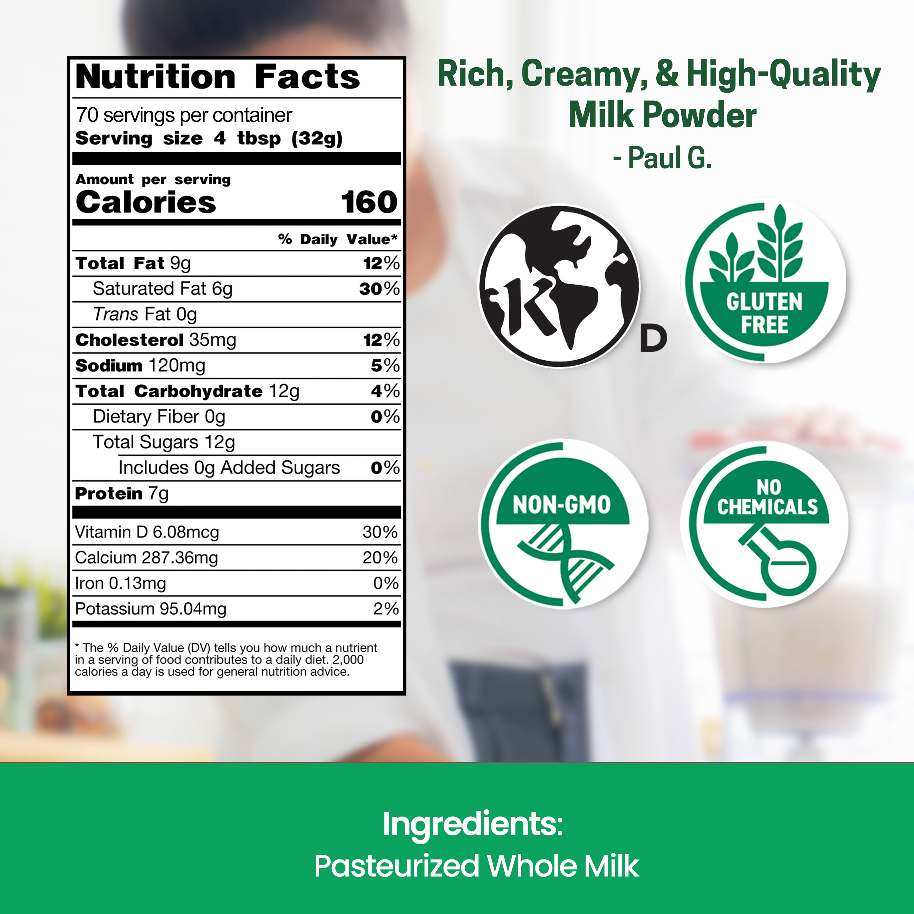 Z Natural Foods Premium Whole Milk Powder - Powdered Milk for Baking, Cooking, Drinks - Dry Milk Powder, Pasteurized, Non-GMO, Gluten-Free, Kosher-Certified, 5 lbs