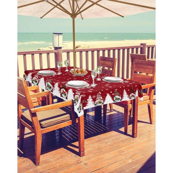 Red Gnomes Christmas Outdoor Tablecloth - 60x120 Inch Rectangle Dining Table Cover, Xmas Snowflake Tree Waterproof Outdoor Table Cloth with Umbrella Hole & Zipper for Picnic/Patio/Party