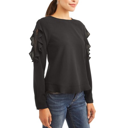 Lace Shoulder Button - Alison Andrews Women's Ruffle Lace Cold Shoulder Button Back Top