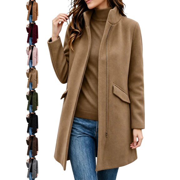 Women's Casual Coat Stand Collar Long Sleeve Zip Up Wool Blend Mid Length Fall Winter Outerwear