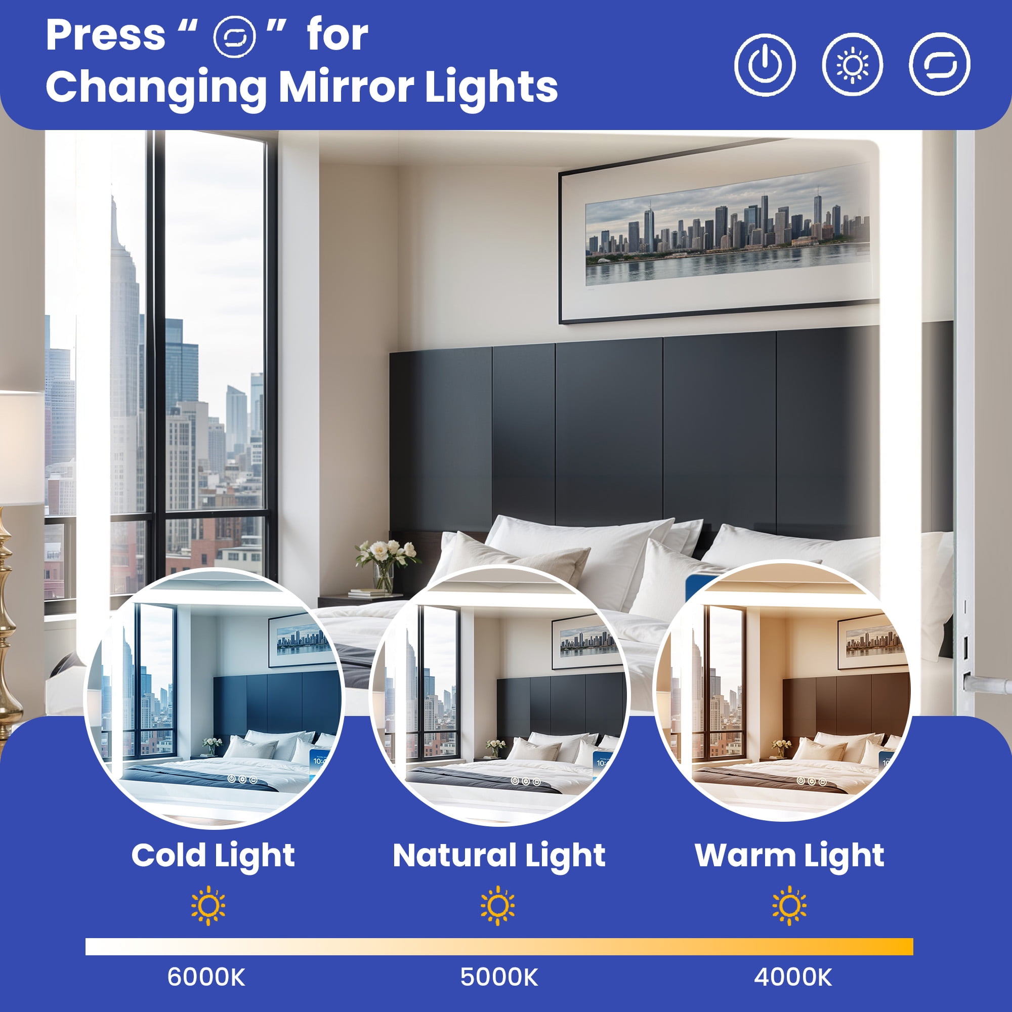 Uforic 23''x17'' Vanity Mirror with LED Lights & USB, Vanity Makeup Mirror with Bluetooth Tabletop Wall Mount, Led Mirror Makeup with 3-Color Lighting, White