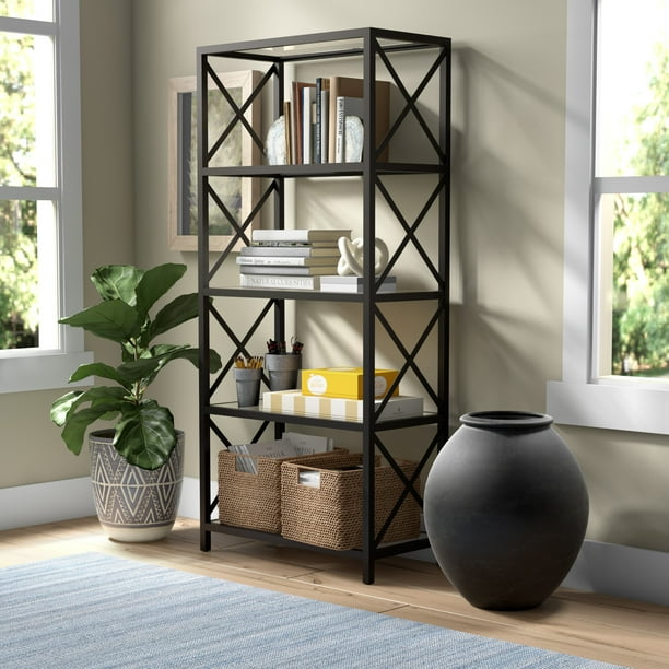Modern 4Tier Metal Bookcase, Metal Open Shelf Storage, Etagere Tall Bookshelves in Blackened