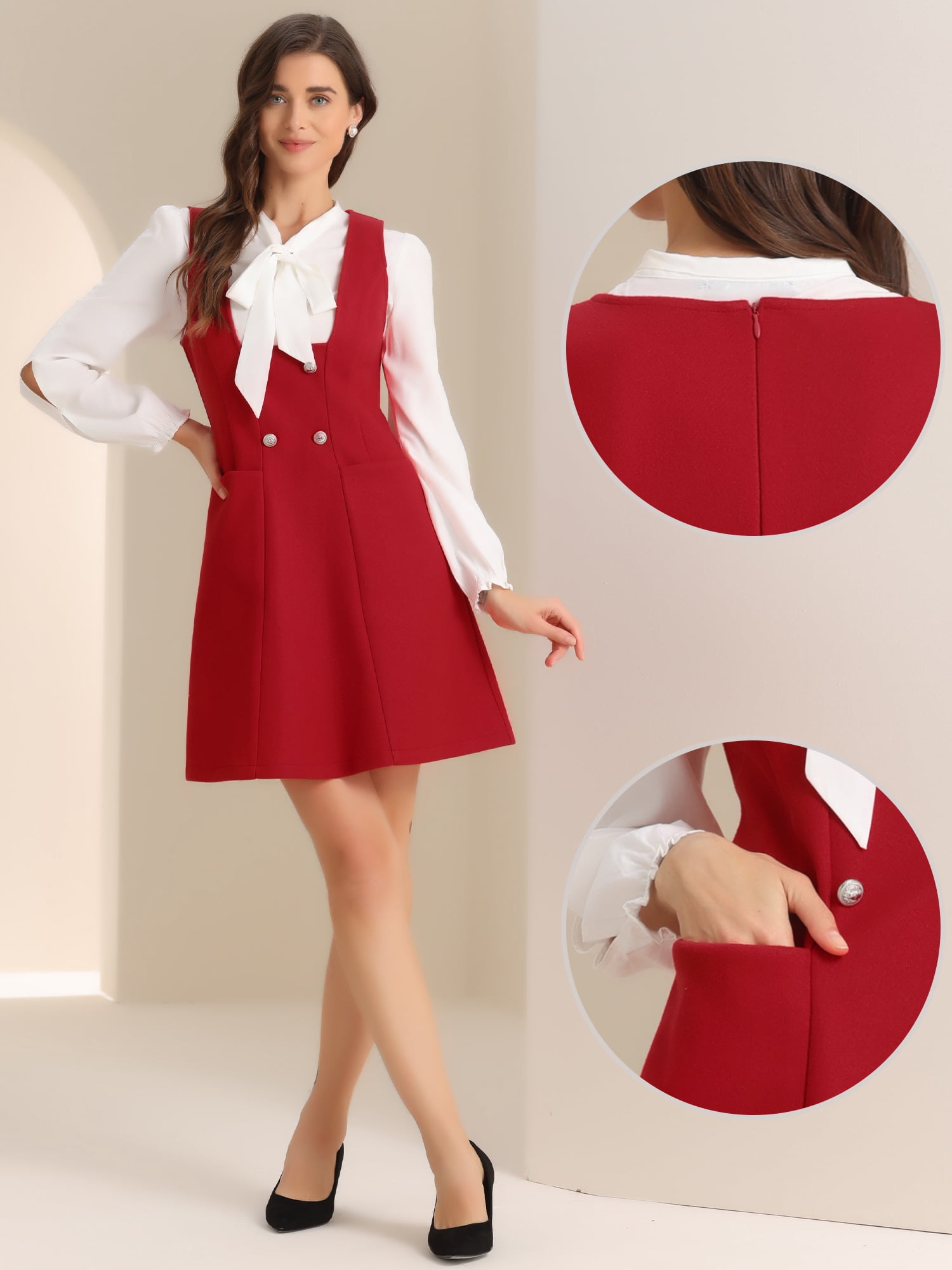 DARING DIVA Pinafore A-Line Double Breasted Overalls Suspenders M Red