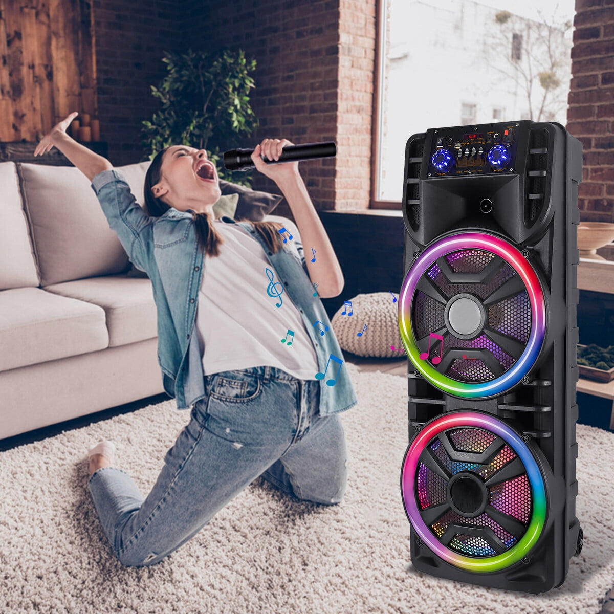 Lohoms Dual Pulse Lighting Bluetooth Portable Speaker with Wireless Microphone, Black