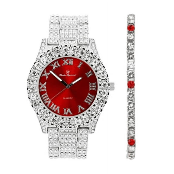 Charles Raymond Women's Big Rocks Bezel Colored Dial with Roman Numerals Fully Iced Out Watch - ST10327LA (ST10327LA SLV Red - Red-TB)