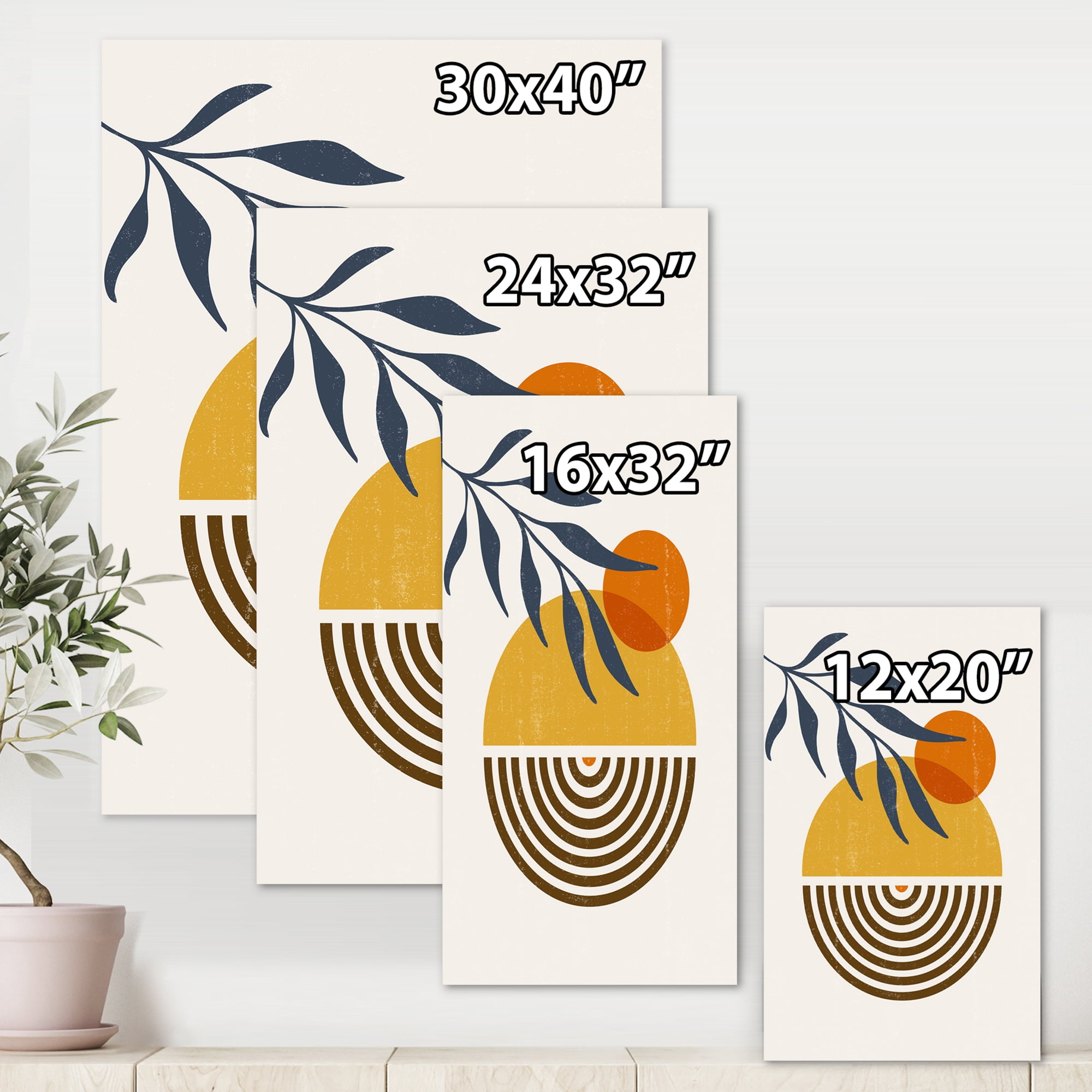 Abstract Shapes With Botanical Minimalist Leaf IV 16 in x 32 in Painting Canvas Art Print, by Designart