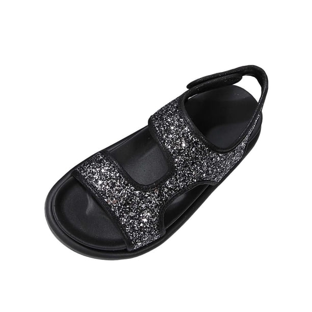 Zapatos Planos Negros de Moda Ropa Externa Portátil Versátil Color Sólido Lentejuelas Pie Redondo Brillante Brillante Sandalias Planas para Mujeres