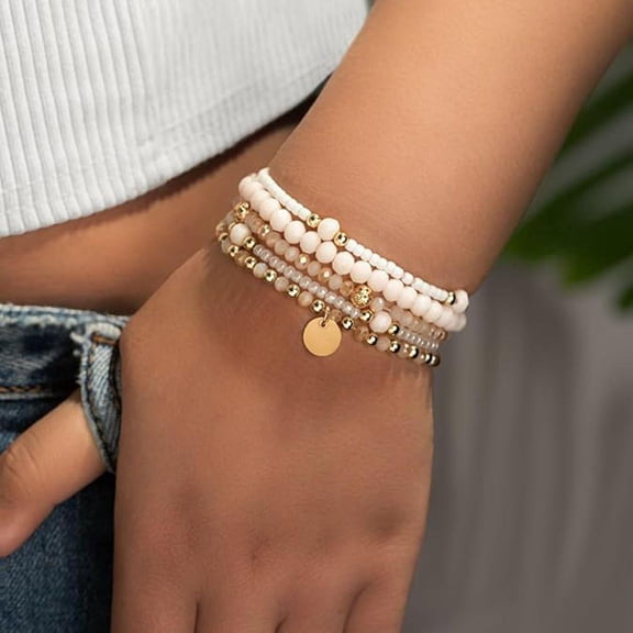 Bohemian Stretch Friendship Bracelet Set 5 Pcs Stackable Crystal Resin Bead Bracelets with Pendant Jewelry Gift for Women