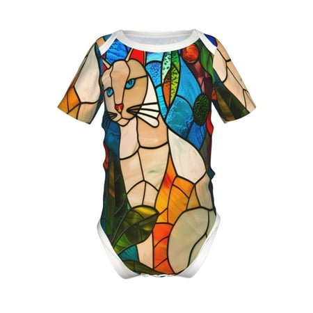 

Lukts Stained Glass Cat Art Print Baby Short Sleeve Romper Onesie for Newborn Baby Boys and Girls-6 Months