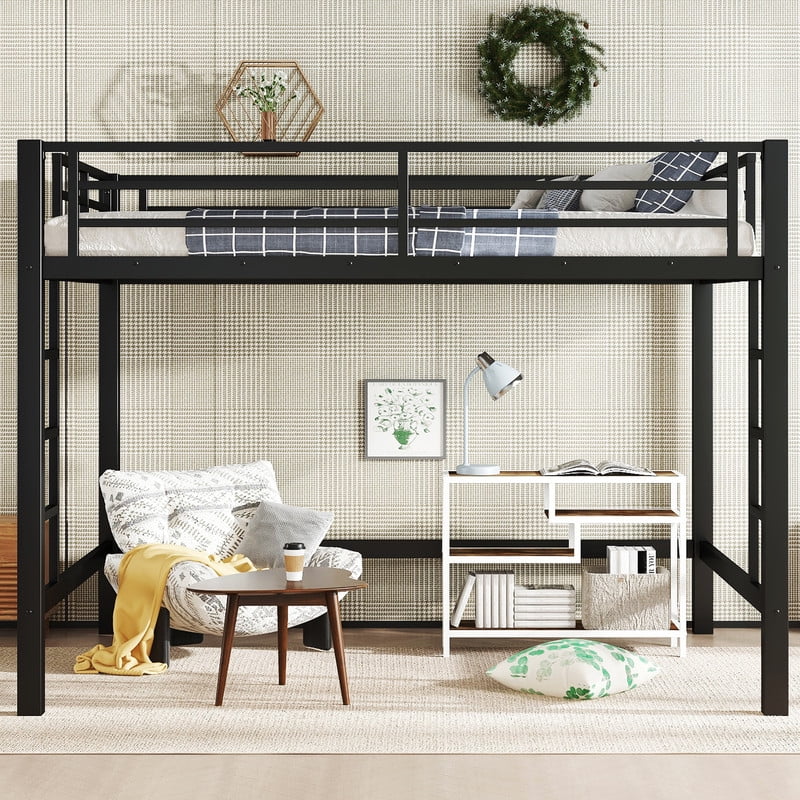Bellemave Metal Queen Loft Bed, Heavy Duty Loft Bed Frame with 2 Build in Ladder and Full Length Guardrail, Loft Beds Queen Size with Large Under-Bed Space, Easy to Assemble-Black