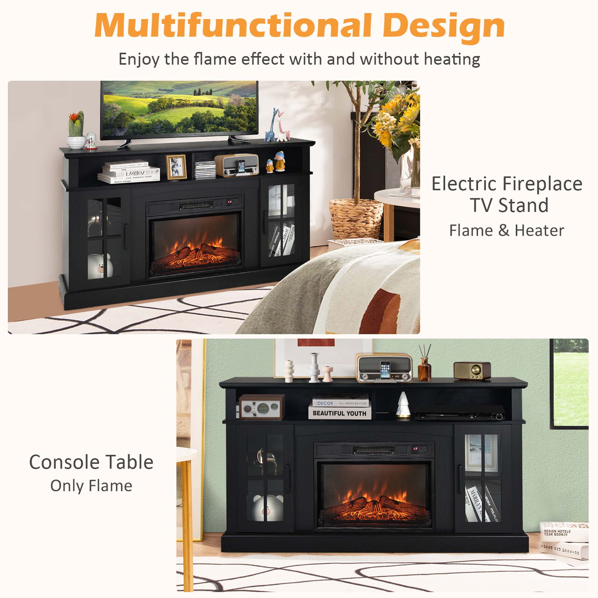 Costway 58'' Fireplace TV Stand W/ 1400W Electric Fireplace for TVs up to 65 Inches Black