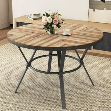 GDF Studio Industrial Round Dining Table with Metal Base, Light Birch Black