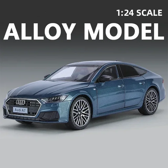 1:24 Audi A7 Toy Car Model Diecast Alloy Vehicle Miniature Pull Back Sound & Light Doors Openable Collection Gift For Boy Kid blue no box