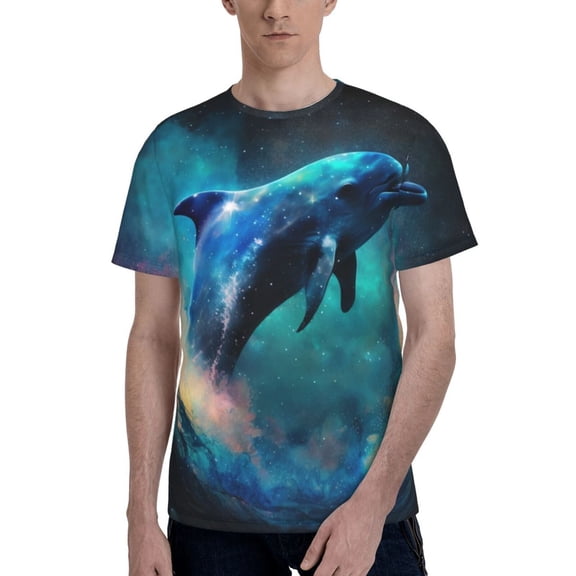 Men's 3D Graphic T-Shirts Short Sleeve Crewneck Tee, Dolphin Galaxy Show Space Ocean Art