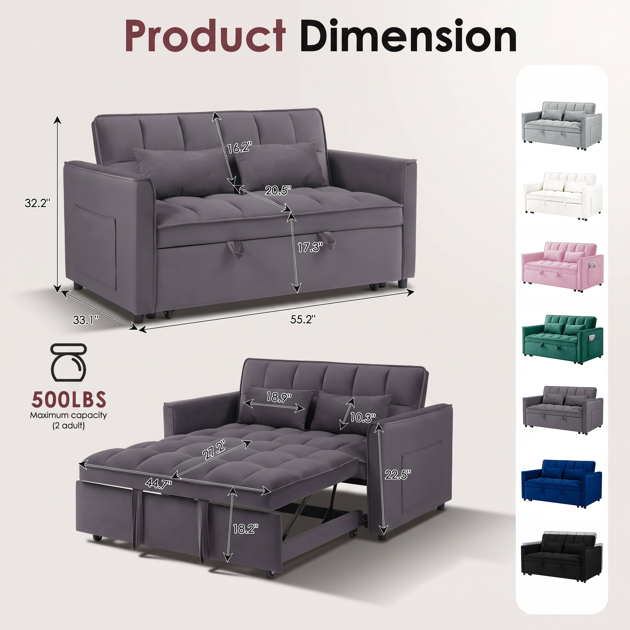avobird 3 in 1 Convertible Sleeper Futon Sofa Bed, 55" Pull Out Sofa Bed with Storage Pocket/Side Pocket/2 Pillows for Living Room, Dark Gray