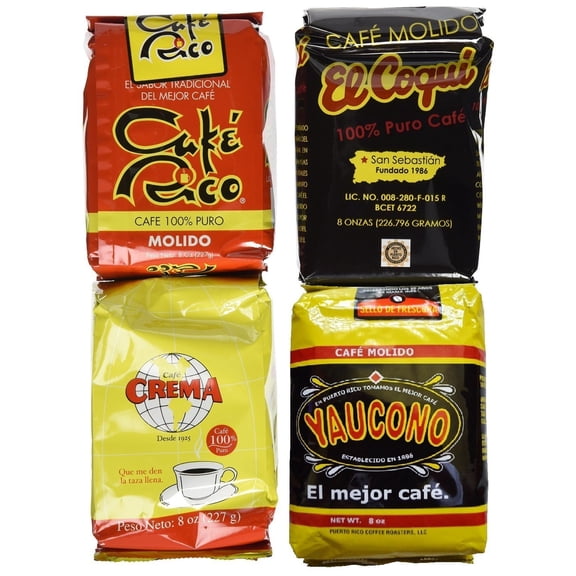 Puerto Rican Variety Pack Ground Coffee - Cafe Rico,Cafe Coquí, Cafe Crema, Cafe Yaucono 4 Local Favorites in 8 Ounces Bags (2 lbs Total)