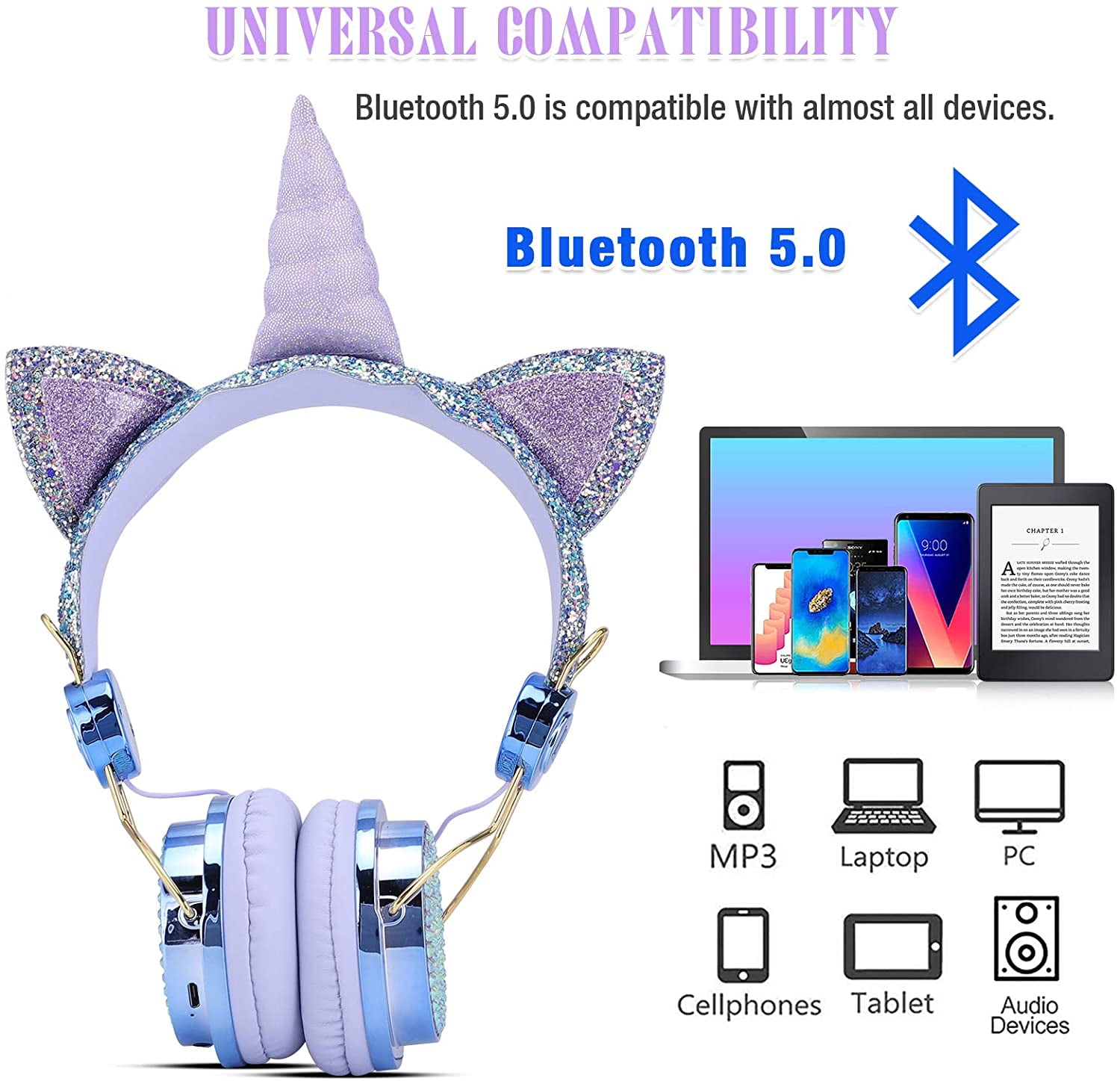Qearfun Kids Headphones, Wireless Headphones for Toddler Unicorn Cat Ear Headphones for Boy Bluetooth Headphones with Mic Adjustable Headband, over on Ear Headset for Smartphones/School/Tablet/PC