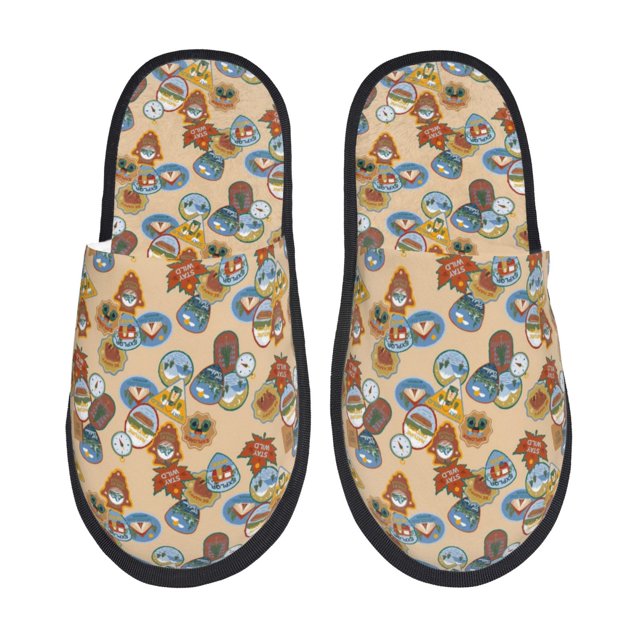 Balery Camp Badge Pantuflas de Casa de Felpa Silenciosas con Diseño Estampado, Zapatillas Cómodas Antideslizantes de Algodón para Interior-Medium