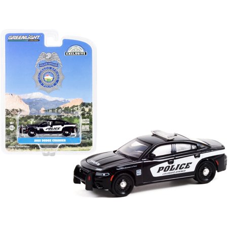 Greenlight Diecast Model Car 2021 Dodge Charger Black with White Stripes Colorado Springs Police 1/64