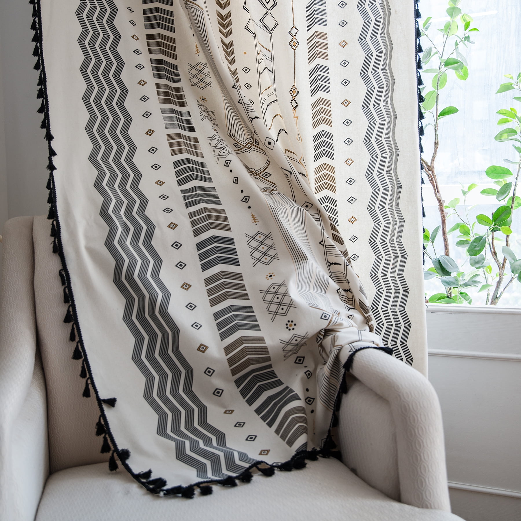 VOGOL Vintage Geometry Striped Curtains, Rod Pocket Farmhouse Bohemian Window Drapes for Kids Bedroom, 59 x 79 Inches, 1 Panel, Black