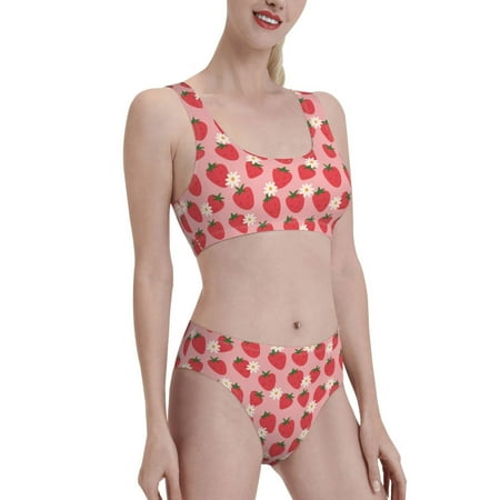 Uemuo Strawberry And Flowers Printed Women s High Waisted Bikini Sets Sporty Two Piece Swimsuits Color Block Cheeky High Cut Bathing Suits-Medium