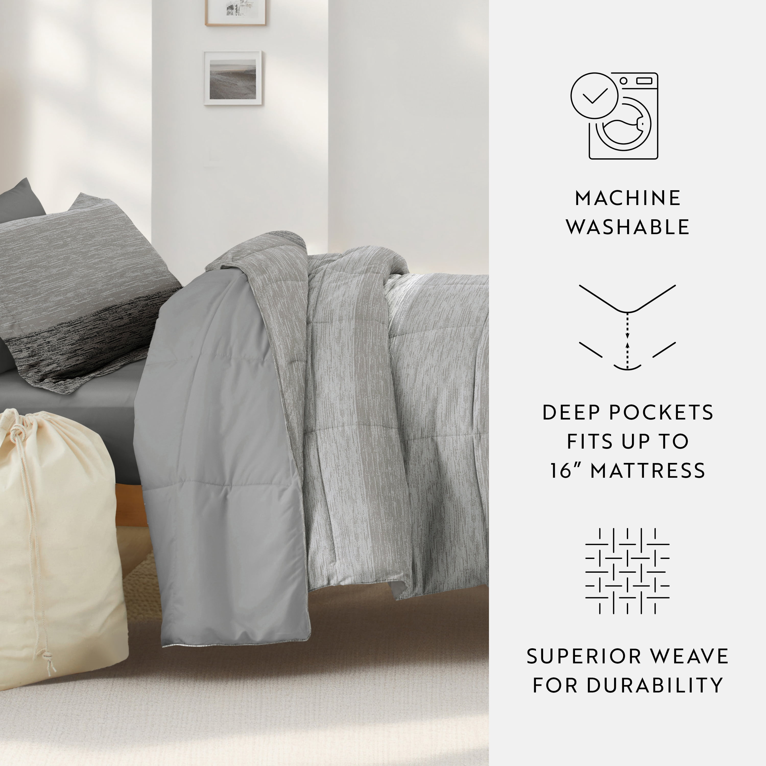 Noble Linens 8 Piece Dorm Bedding Bundle, Comforter & Sheet Set, Pillows, Laundry Bag