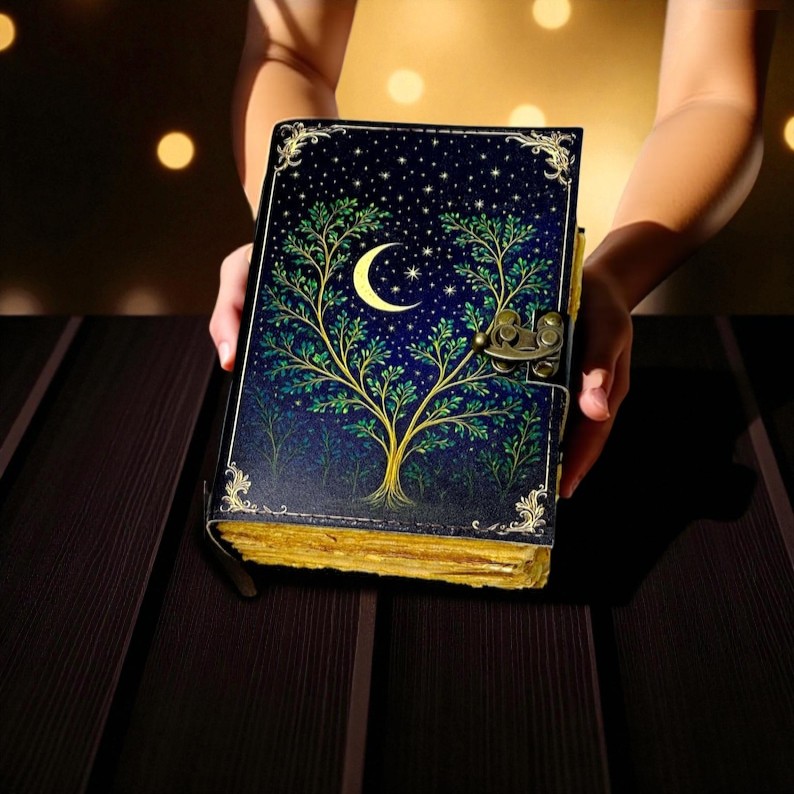 Handmade Leather Moon & Tree Journal, 5x7” Vintage Notebook with 200 Handmade Pages & Antique Clasp – Celestial Writing Diary