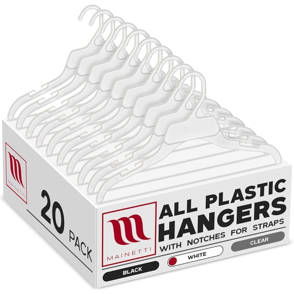 Mainetti 472 White All Plastic Hangers - 20 Pack with Notches for Straps, Great for Shirts/Tops/Dresses, 15-Inch
