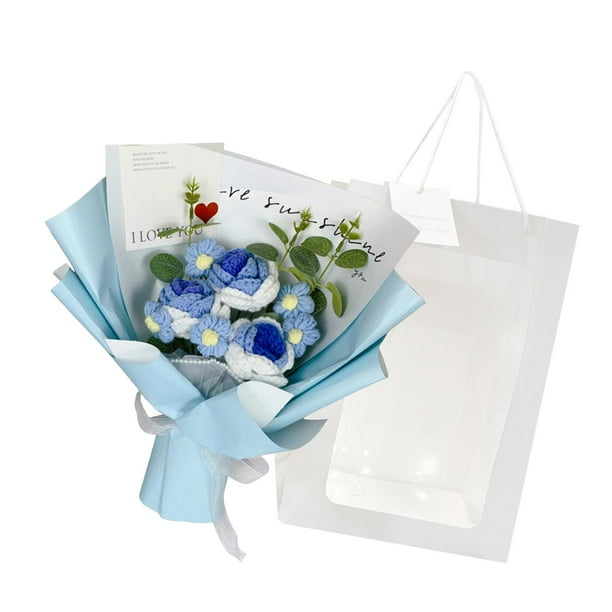 Ramo de flores de ganchillo, decoración, hecho a mano, terminado, falso, regalo, tejido, artificial Azul
