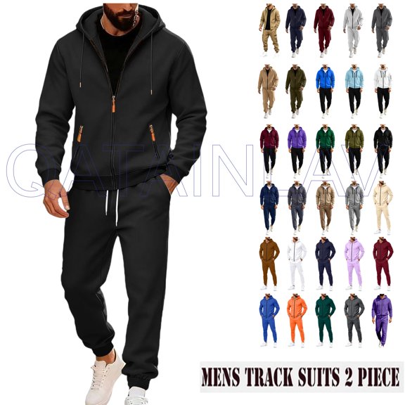 QATAINLAV 2 Piece Outfits for Men Zip up Hooded Tracksuits Set Comfy Big and Tall Sweatsuit Set Casual Outdoor Jogging Suit with Multiple Pockets Black,L