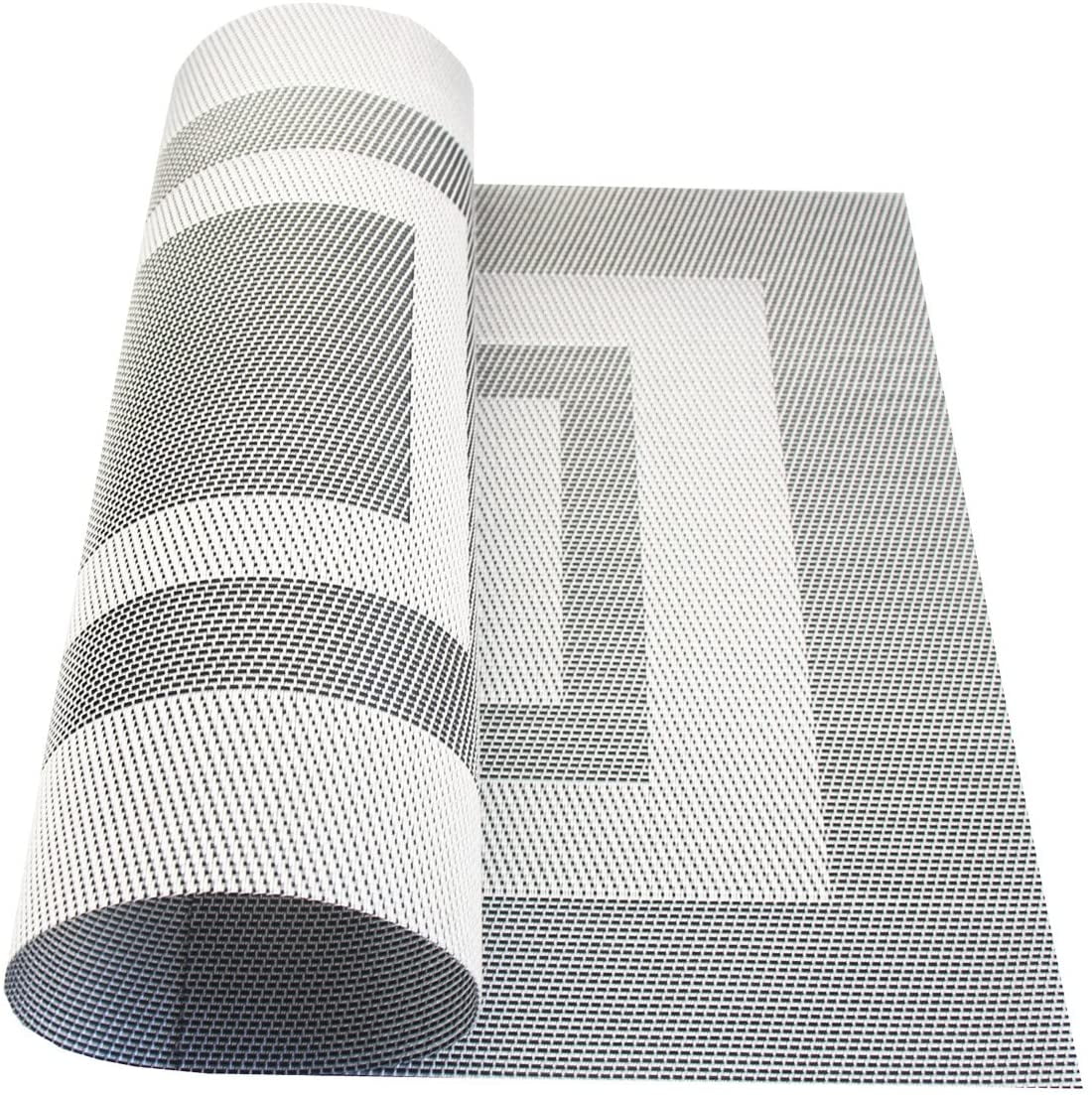 Placemats Set of 6,Washable Woven Place Mats Vinyl Table Mats Non Slip Placemats Heat Resistant Durable Placemats for Dining Table (Silver Black)