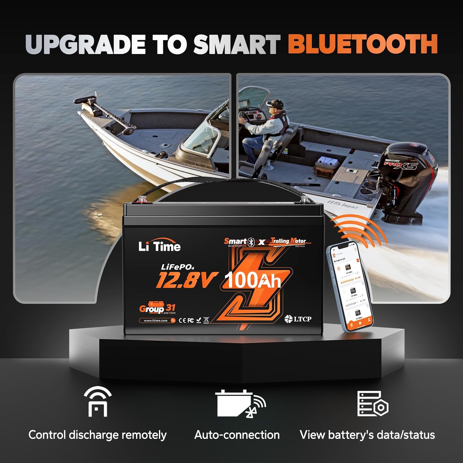 LiTime 2 Packs 12V 100Ah Trolling Motors Bluetooth LiFePO4 Lithium Battery 100A BMS Lighter Group 31