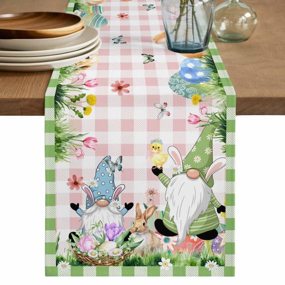 Table Runner 72 Inches Long for Kitchen Dining, Easter Dresser Scarf Farmhouse, Dining Table Decorations for Wedding/Parties, Spring Gnomes Floral Bunny Duck Green Pink Plaid 14 x 72 In