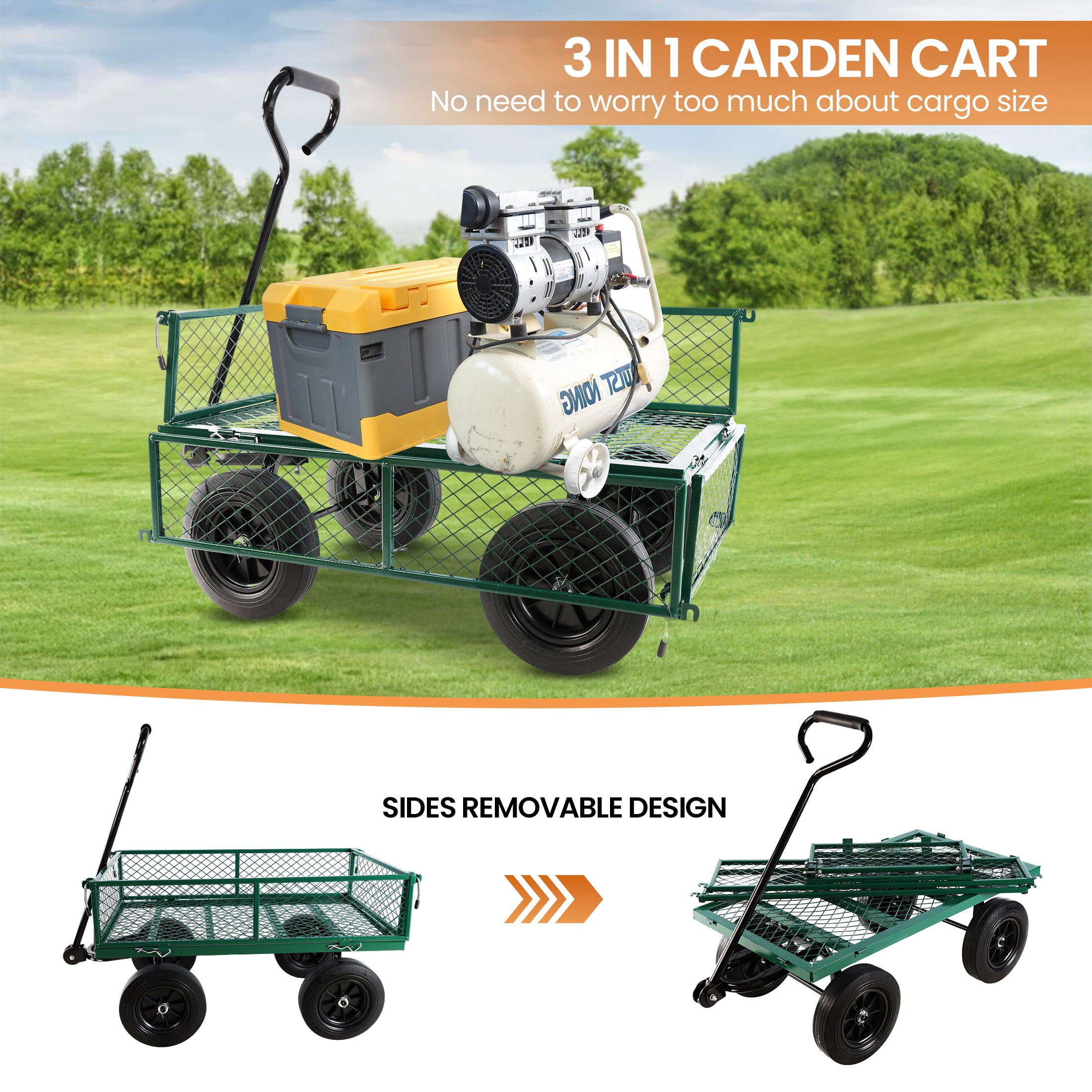Aukfa Mesh Steel Wagon Cart with Removable Sides, Garden Cart Heavy Duty Utility Wagon with Rotating Handle/10'' Tires for Garden Yard, Green