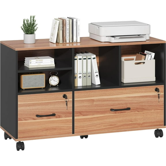 Semoic 2 Drawer File Cabinet for Home Office, Lockable Rolling Filing Cabinet with Adjustable Shelves, Wood Lateral File Cabinet with Lock, Printer Stand Office Storage Cabinet, Rustic Brown & Black